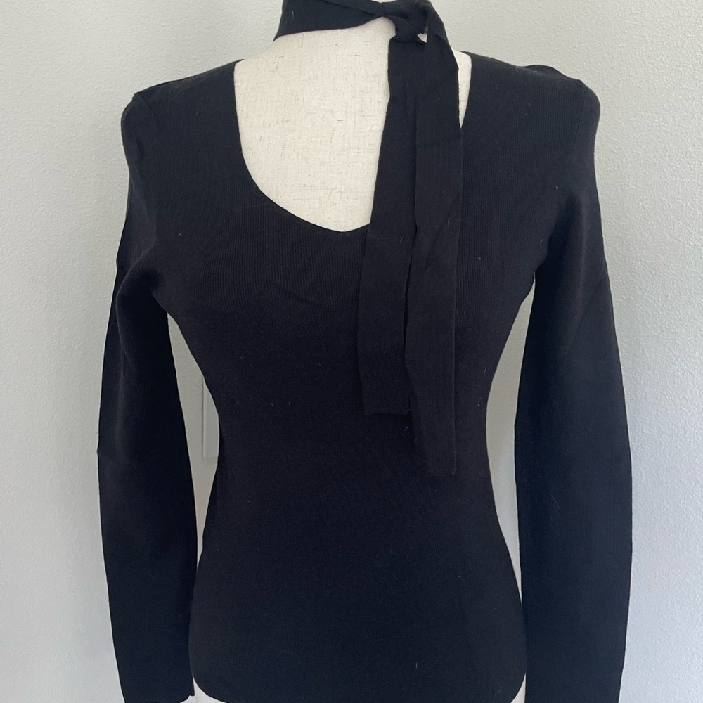 Chic Black Long Sleeve Top with Neck Tie